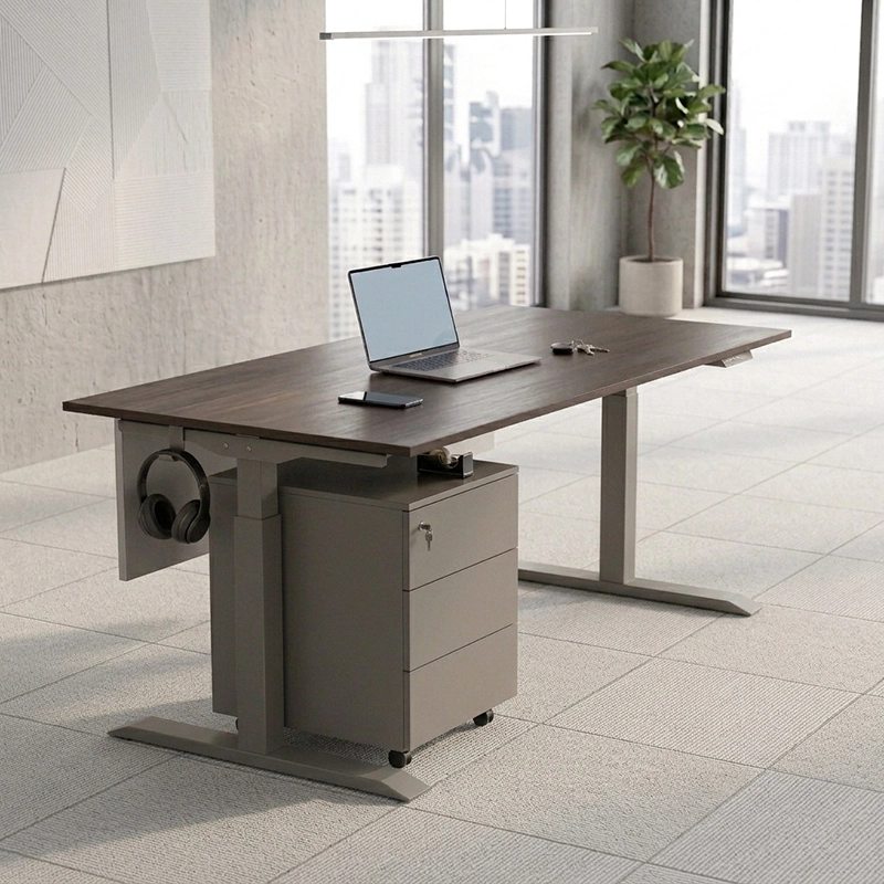 Ergo height adjustable desk Dubai with dark wood top, grey electric frame and mobile pedestal