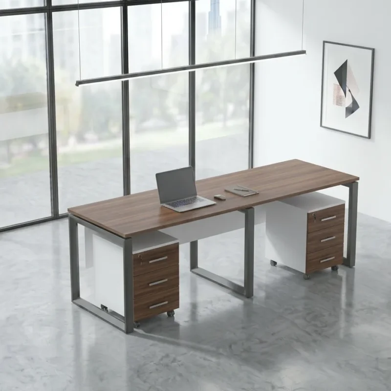 Ally linear workstation Dubai, 2 person walnut desk with black metal frames and drawer pedestals