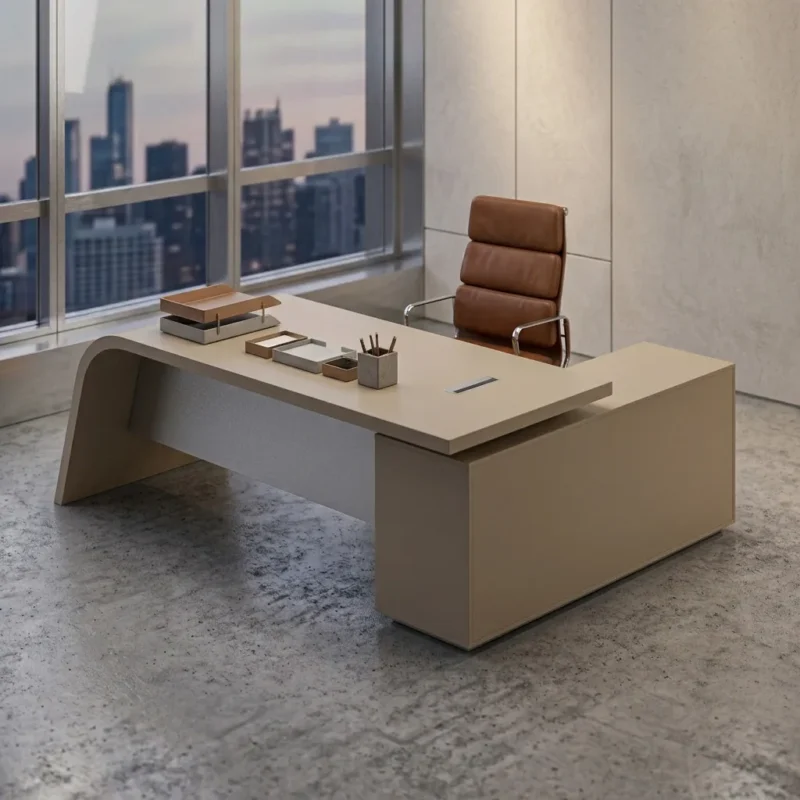 Cane executive desk Dubai with angled side panel, floating top and storage return in a modern office