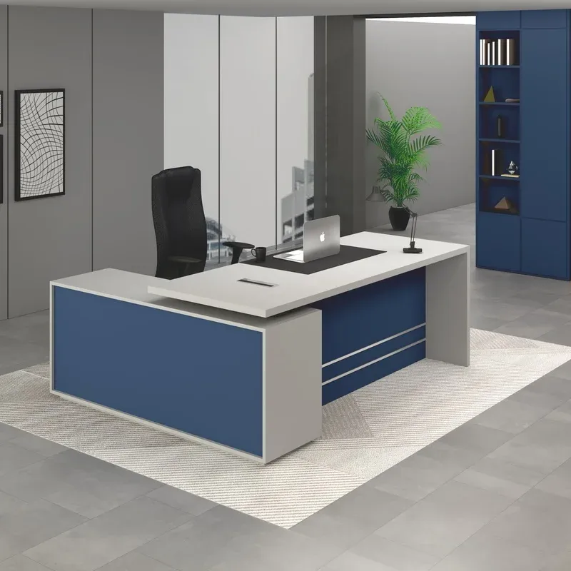 Cera executive desk Dubai, L shape with Dust Grey top and Tyrolean Blue storage return
