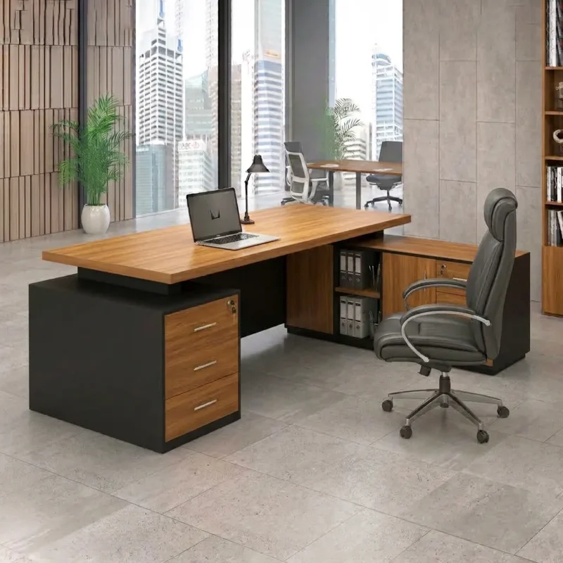 Costa executive desk Dubai with wood top, black base, drawer pedestal and file storage return