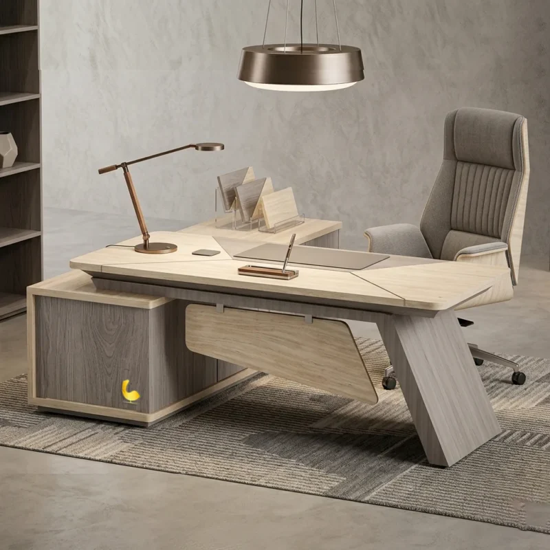 Flare executive desk Dubai with angled leg, geometric oak top and grey storage return