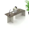 Haze executive desk Dubai, L shape with dark marble-look top and beige base in a city-view office