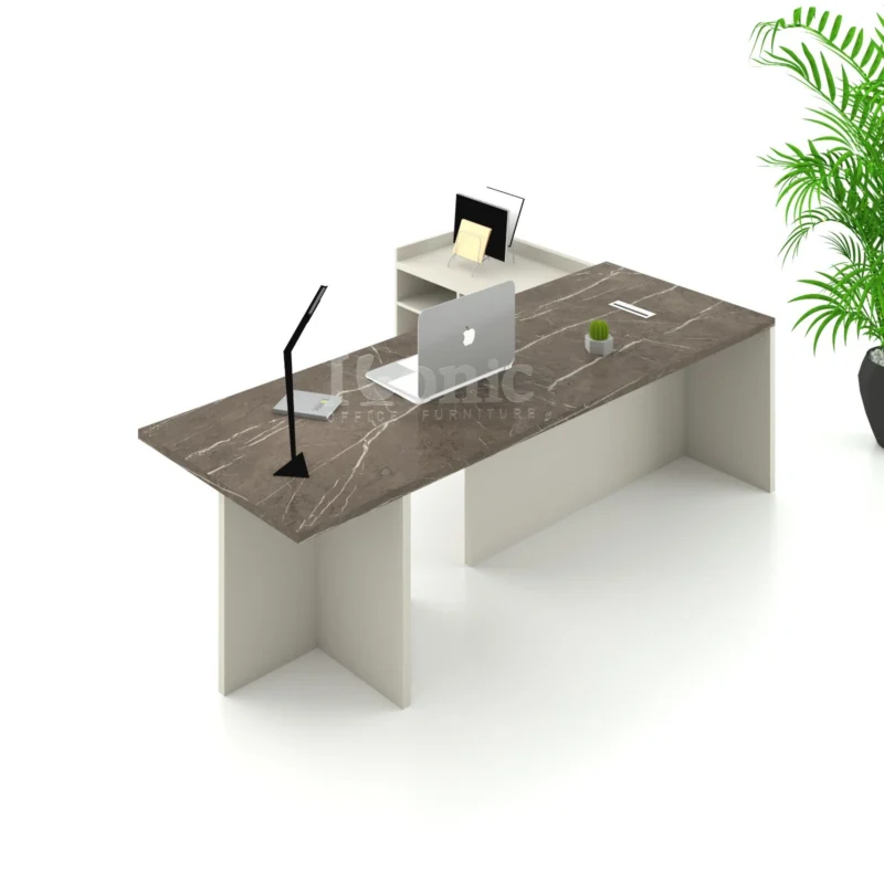 Haze executive desk Dubai, L shape with dark marble-look top and beige base in a city-view office