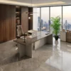 Haze executive desk Dubai, L shape with dark marble-look top and beige base in a city-view office