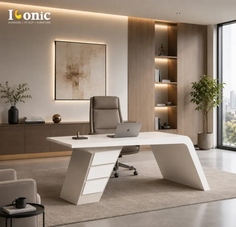 Enet executive desk Dubai, white straight desk with angled legs and built-in drawers