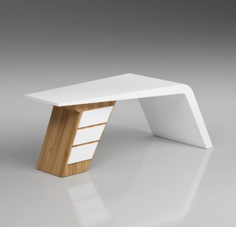 Enet executive desk Dubai, white straight desk with angled legs and built-in drawers