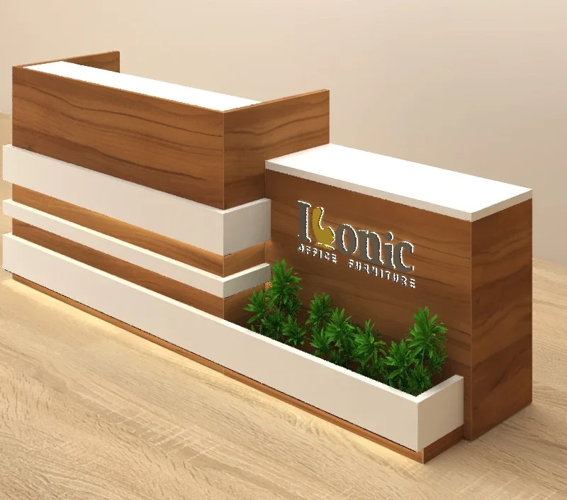 Receptioon desk with space for plantsand logo