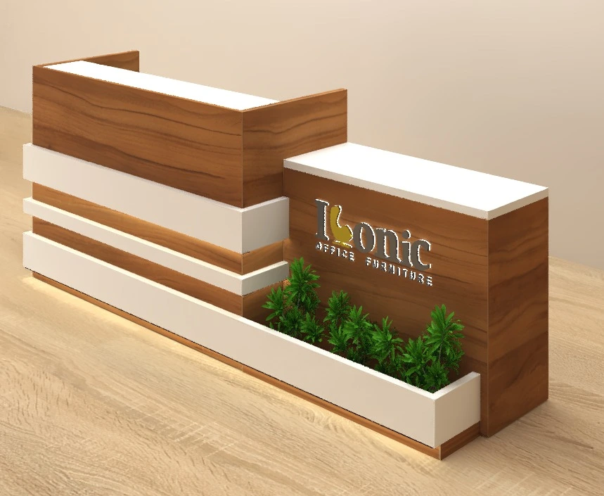 Receptioon desk with space for plantsand logo