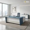 Raj executive desk Dubai, blue and white L shape desk with gold lines and storage return