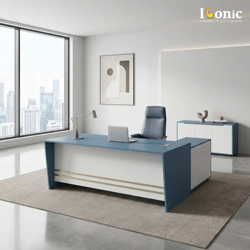 Raj executive desk Dubai, blue and white L shape desk with gold lines and storage return