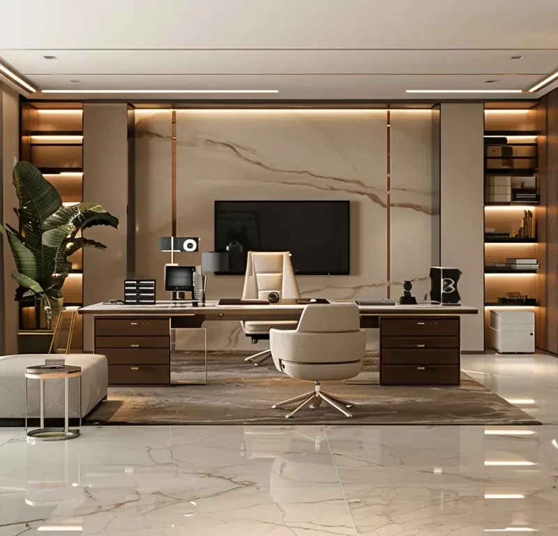 Iconic office furniture CEO table in a luxurious office setting.