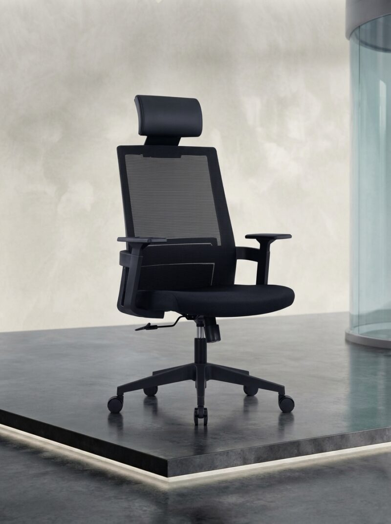 Eden Mesh Chair in Black with high back and adjustable headrest