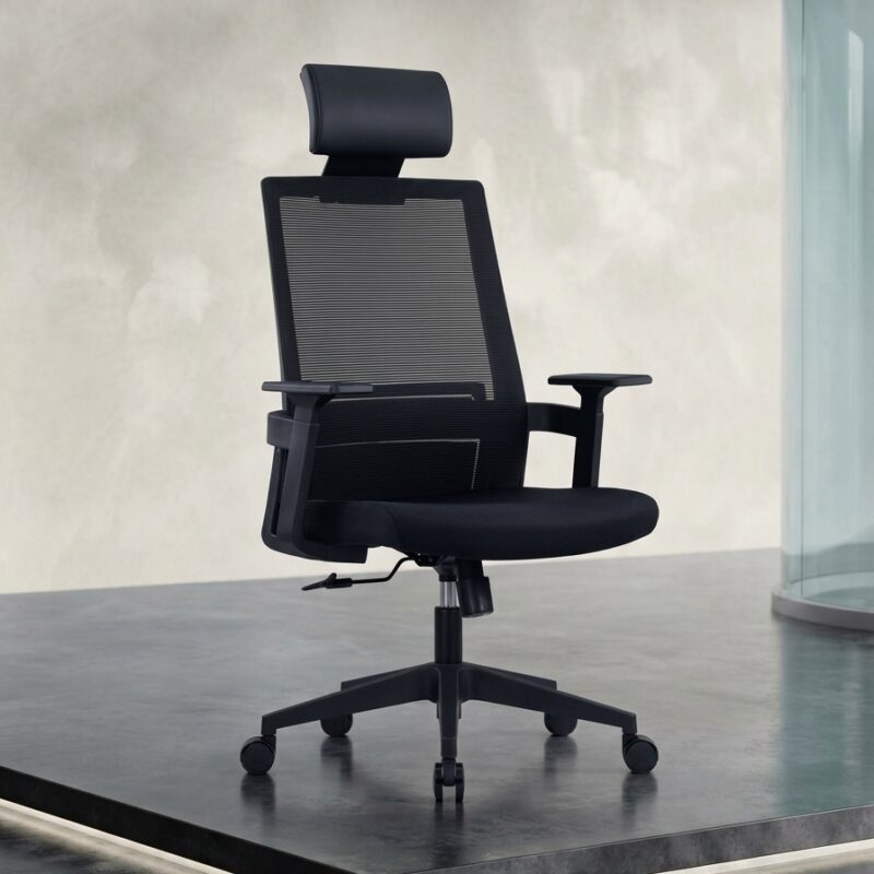 Eden Mesh Chair in Black with high back and adjustable headrest