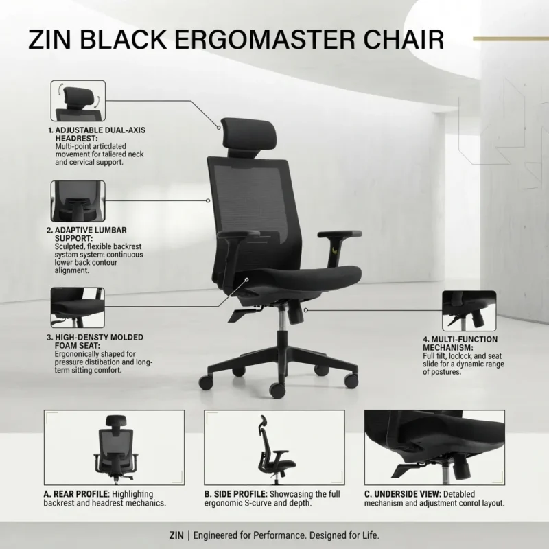 Zin Mesh Chair with adjustable features in black.