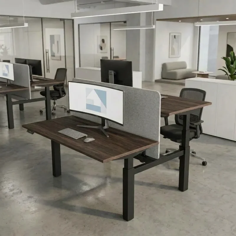 Ergo Duo standing desk Dubai, face to face sit stand desks with dark wood tops and grey acoustic screen