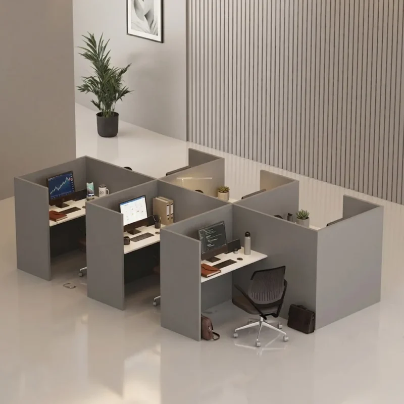 High Cube cubicle workstation Dubai, staggered office cubicles with grey partitions and white desks
