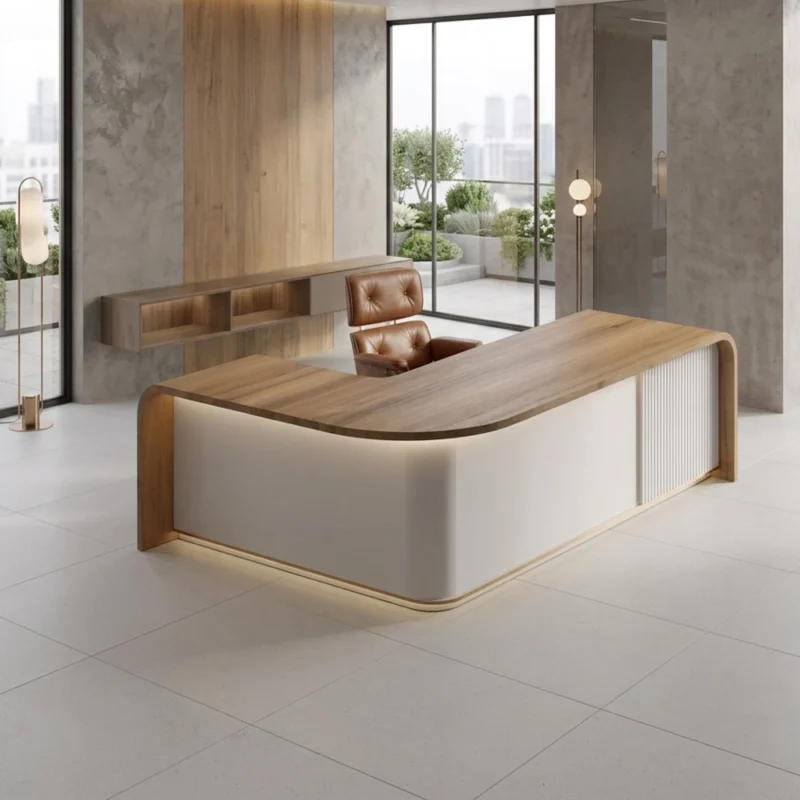 Bentley Executive Desk with premium veneer and white laminate finish