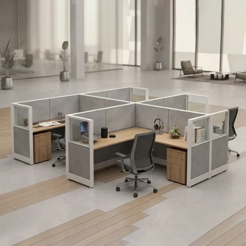 High Cubicle modular workstation Dubai, 4 seat L shape cluster with fabric and glass partitions