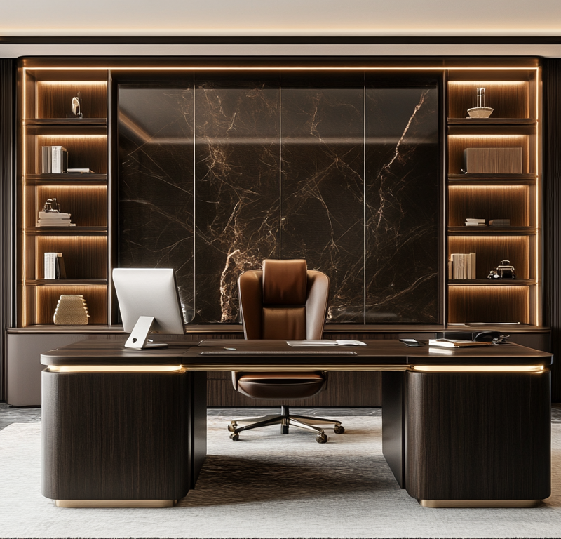 A luxurious executive desk in a modern Dubai office setting, representing the journey from concept to final product.