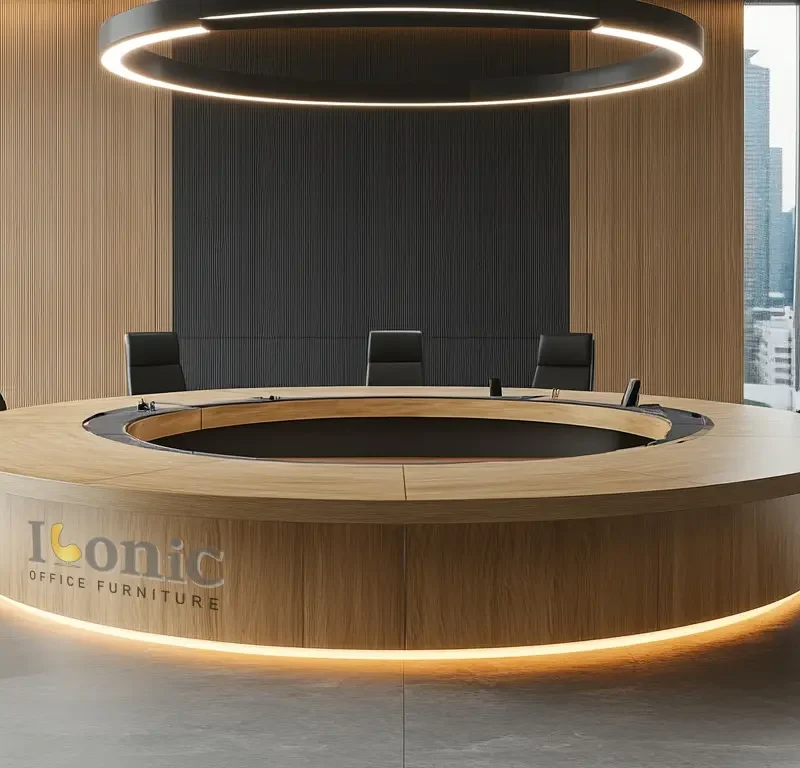 A sleek and stylish custom-made modern conference table in an office setting, showcasing iconic office furniture.