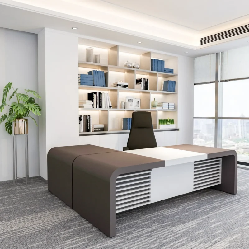 Baku executive desk Dubai, L shape with two-tone finish and slatted front panel