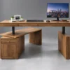 Ergo executive desk Dubai, height adjustable walnut desk with drawers, cabinet and side return