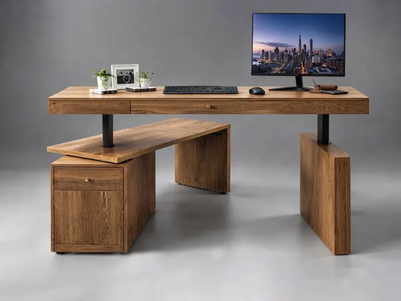 Ergo executive desk Dubai, height adjustable walnut desk with drawers, cabinet and side return