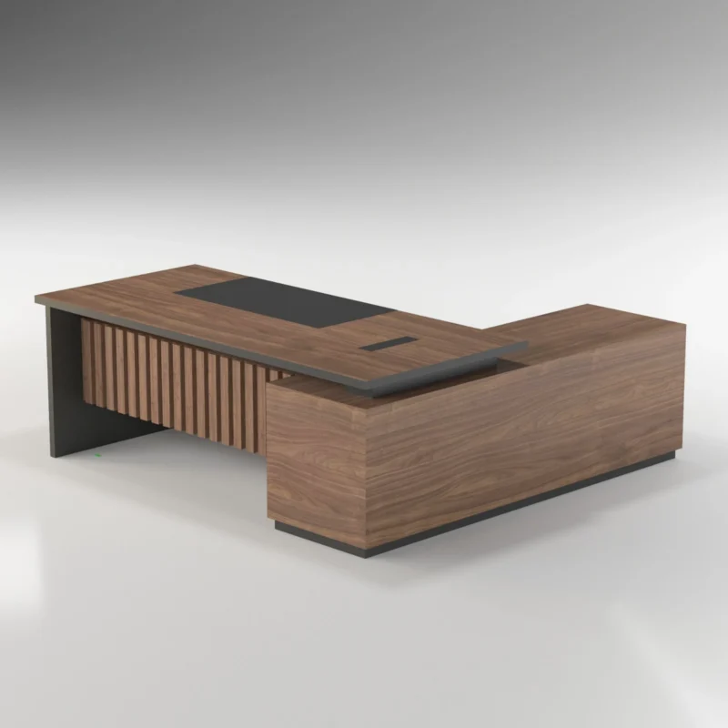 Glory executive desk Dubai, large L shape walnut desk with slatted front and storage return