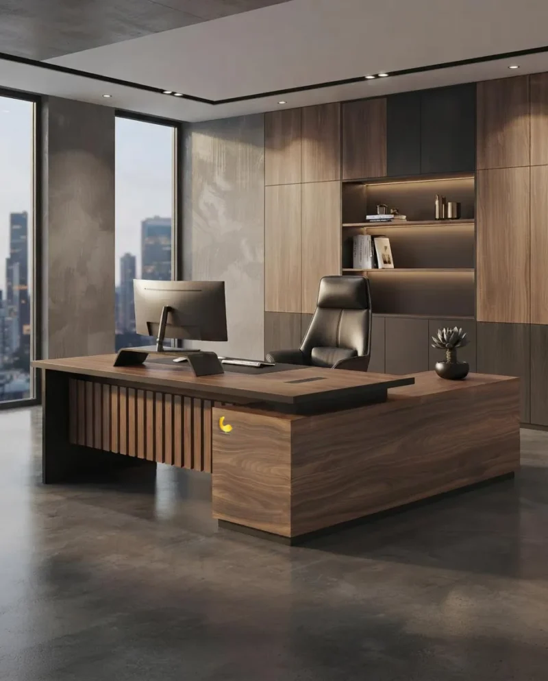 Glory executive desk Dubai, large L shape walnut desk with slatted front and storage return