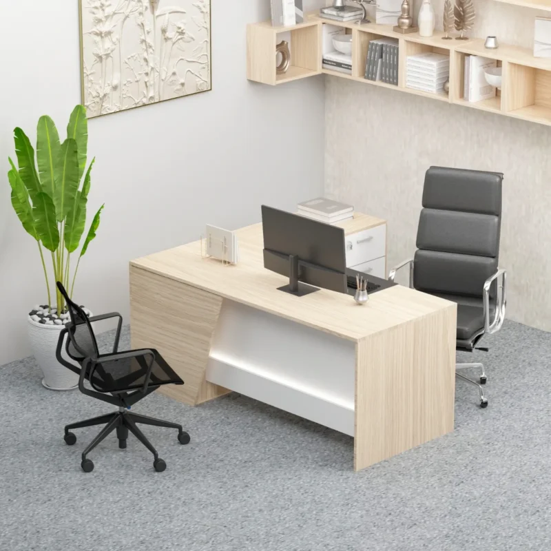 Lux executive desk Dubai, L shape light oak desk with white accent panel and drawer return