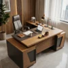 Noon executive desk Dubai, two-tone L shape desk in walnut and charcoal with slatted front