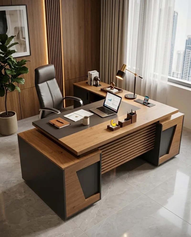 Noon executive desk Dubai, two-tone L shape desk in walnut and charcoal with slatted front