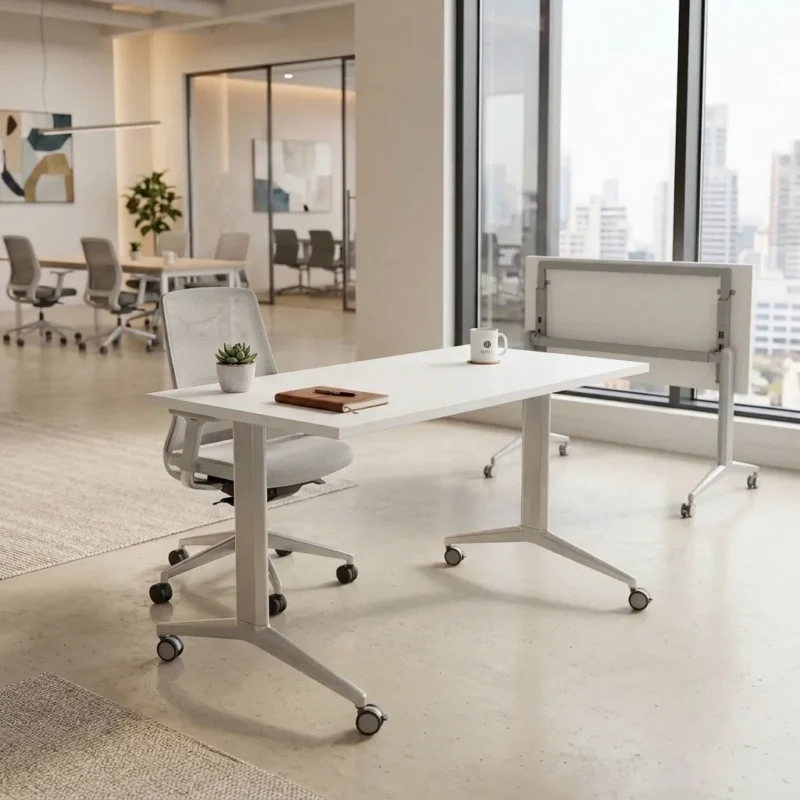 Ergo Smart Flip top desk Dubai with white top and lockable castors in a modern office