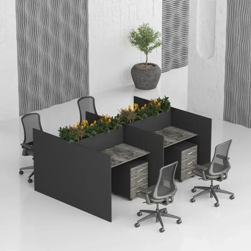 High Beta workstation Dubai, 4 person cubicle desk with tall black panels and central planter