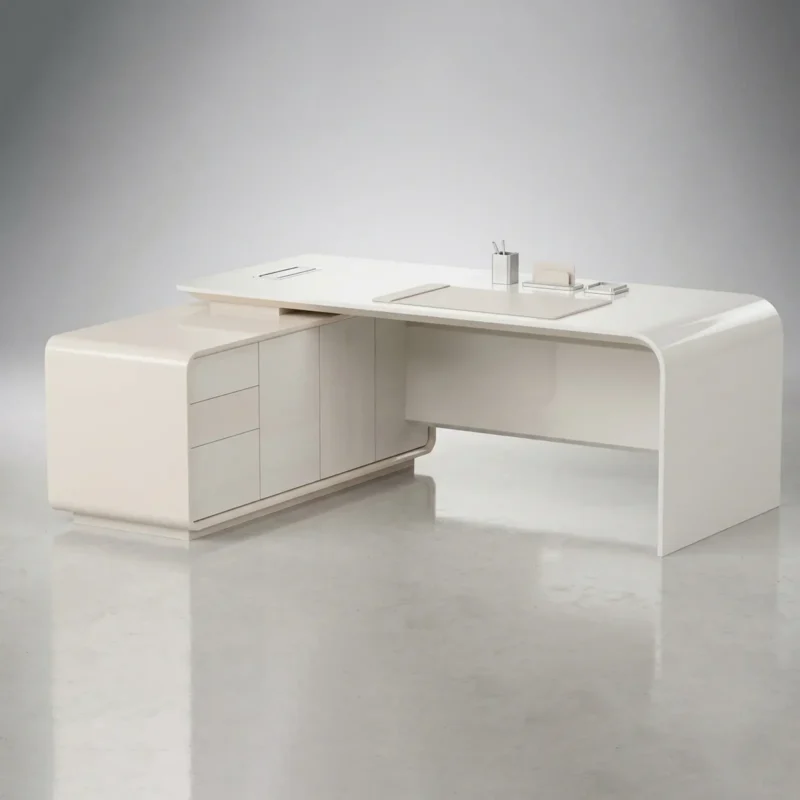 Luxury executive desk in Dubai – Aiva curved leather-finish office desk with wood accent