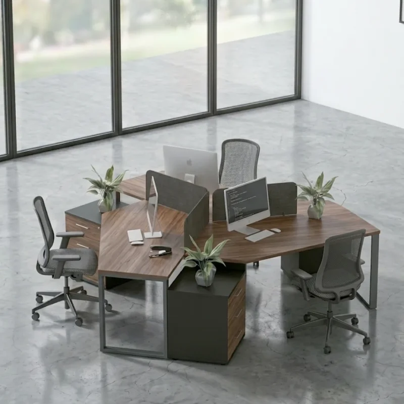 Ally 3pax workstation Dubai, 120 degree cluster desk for three with walnut tops and fabric screens