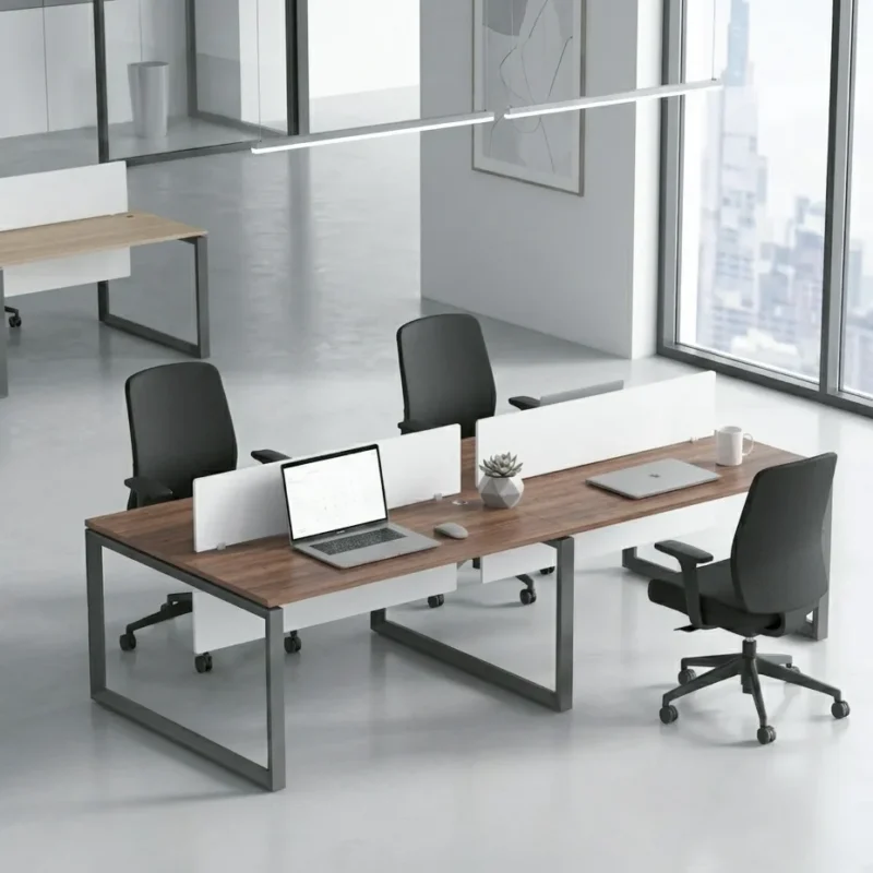 Ally 4pax workstation Dubai, face to face cluster desk for four with dark oak tops and white screens