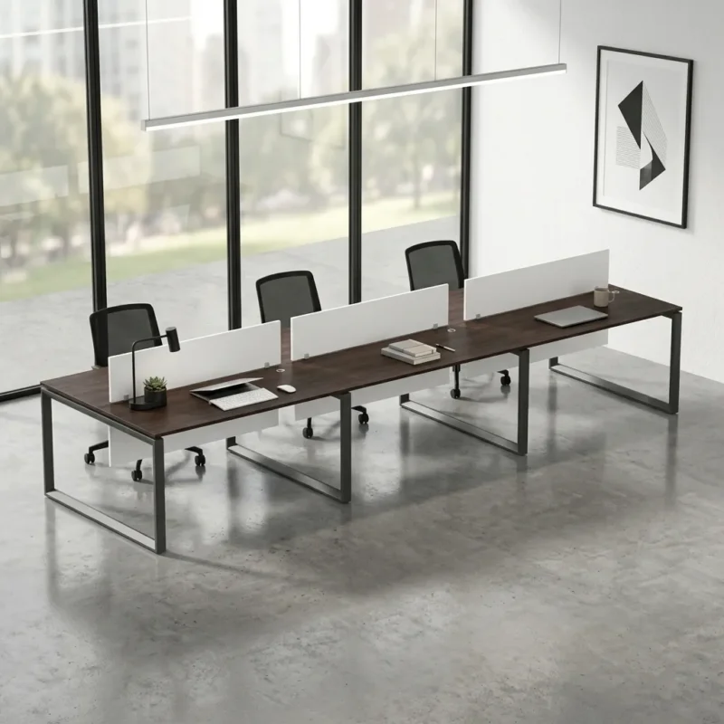 Ally 6pax workstation Dubai, face to face cluster desk for six with oak top and white screens