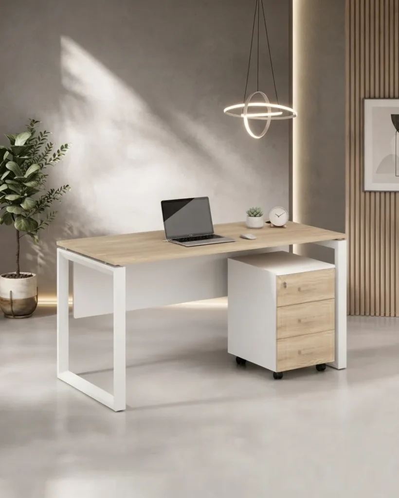 Frank manager desk with light oak top, white metal frame and white mobile drawer pedestal, Iconic Office Dubai