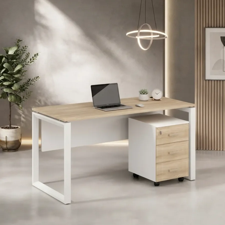 Frank manager desk with light oak top, white metal frame and white mobile drawer pedestal, Iconic Office Dubai